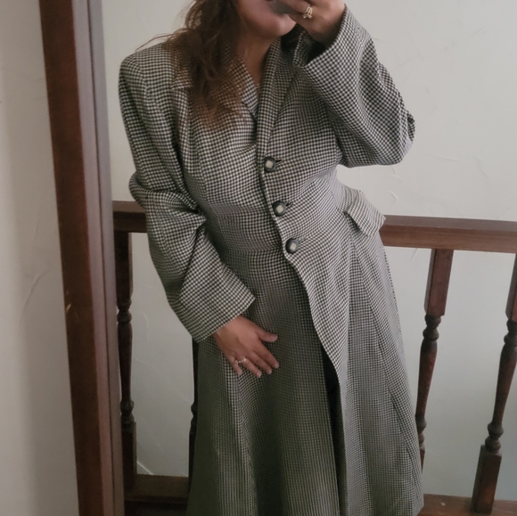 VINTAGE Micro Houndstooth Wool Long Riding Trench Coat Womens S/M Black ivory - Picture 3 of 14
